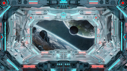 Fototapeta premium White spaceship interior with glowing blue and red lights. Futuristic spacecraft with large window view on planets in space. 3D rendering