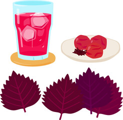 赤しその葉とシソジュースと赤紫蘇漬けの梅干し