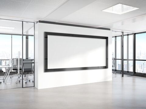 Panoramic frame Mockup hanging on office wall. Mock up of a large billboard in modern company interior 3D rendering