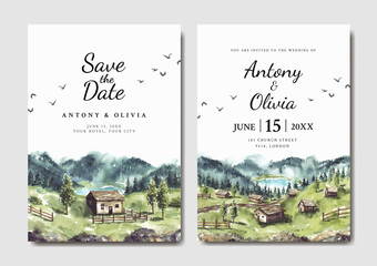 Wedding invitation set of green nature landscape with house and mountains watercolor