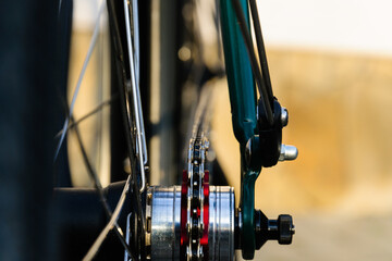 close up hub and spokes of fixed gear bike, old vintage bicycle