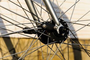 close up hub and spokes of fixed gear bike, old vintage bicycle