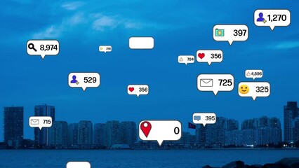 Social media icons fly over city downtown showing people engagement connection through social network application platform . Concept for online community and social media marketing strategy . High