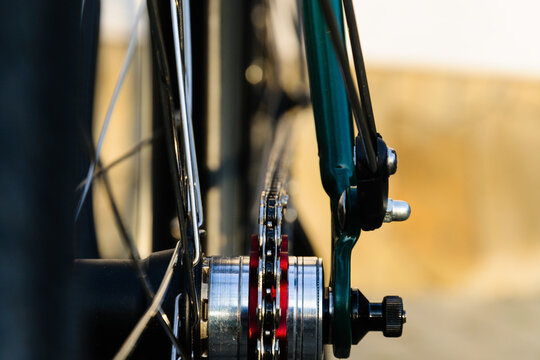 close up hub and spokes of fixed gear bike, old vintage bicycle