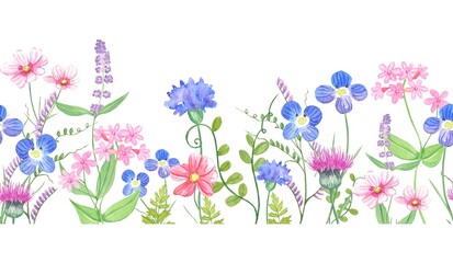 Watercolor floral seamless border with colorful wildflowers, leaves.