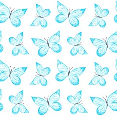 Fototapeta na wymiar Seamless pattern with watercolor blue butterflies on a white background