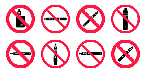 No vaping sign. Red forbidden circle sign icon isolated on white background vector illustration set. Vape and smoke and in prohibition circle.