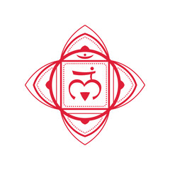 Fototapeta premium Muladhara. First primary chakra vector hand drawing illustration - for yoga studio. Prostate and fallopian tube in human body. Energy center of human body, used in Hinduism, Buddhism Ayurveda, Reiki