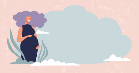 Modern pregnancy illustration with place for text. Cute happy pregnant woman with blank background. Banner for the doctor, goods for women, preparation for childbirth. Flat cartoon vector design.