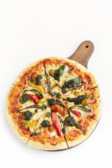 mixed organic vegetables vegetarian pizza on white background