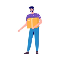 Workers moves new home, house. People moving and collect supplies in boxes. Men cartoon characters packing belongings. Young couple unpacking concept, delivery, relocation, move box. Vector