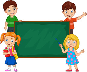Cartoon school children with blank chalkboard