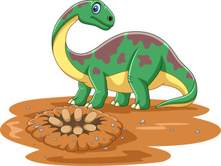 Cartoon brontosaurus dinosaur with eggs in the field © tigatelu