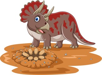Cartoon triceratops dinosaur with eggs in the field