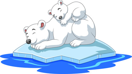 Cartoon mother and baby polar bear sleeping on ice floe