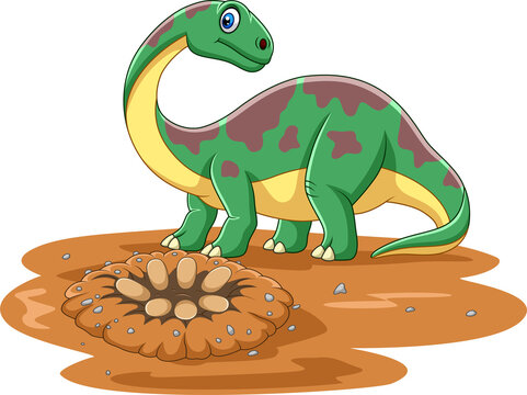 Cartoon brontosaurus dinosaur with eggs in the field