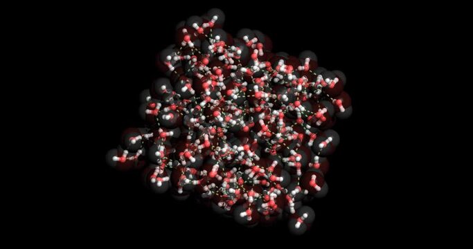 Water box, showing hydrogen bonds (dashed lines) among water molecules, spinning 3d, 4K