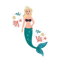 Cute mermaid isolated on white background. Vector graphics.