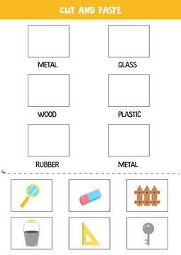 Cut pictures and paste them into right boxes. Worksheet for kids.