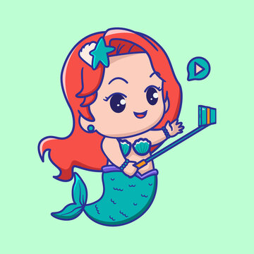 little cartoon mermaid makes selfie,