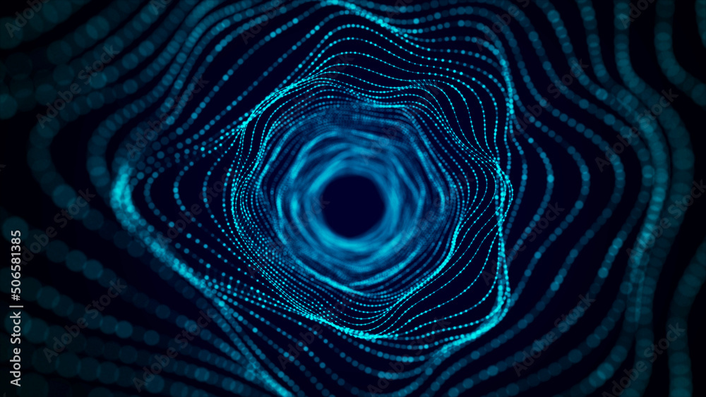 Fototapete abstract dynamic wireframe tunnel on blue background. deep wavy wormhole. futuristic particle flow. 