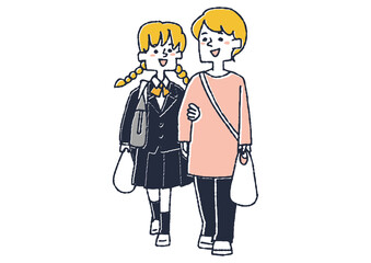 腕を組んで話しながら歩く母と娘　子供をサポートする温かい親　コミカルな手書きの人物