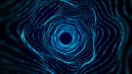 Abstract dynamic wireframe tunnel on blue background. Deep wavy wormhole. Futuristic particle flow. 3d rendering.