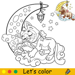 Cartoon cat sleeping on the moon coloring book page vector