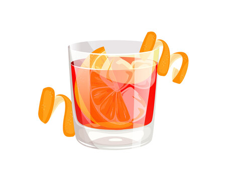 Negroni cocktail.Classic alcoholic drink with orange and ice in a glass glass.