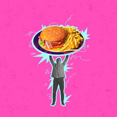 Contemporary art collage. Man holding giant plate with delicious burger and fries isolated over...