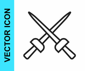 Black line Fencing icon isolated on white background. Sport equipment. Vector
