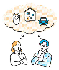 結婚後の生活や住居について考える若い夫婦のイメージイラスト素材