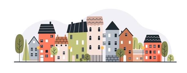 Town with cute houses, buildings exterior. Cozy city in Scandinavian style. Cityscape with sweet homes. Urban street with Scandi architecture. Flat vector illustration isolated on white background © Good Studio