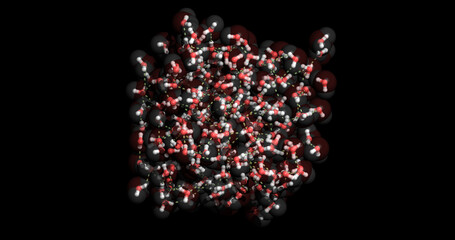 Water box, showing hydrogen bonds (dashed lines) among water molecules, 3d 