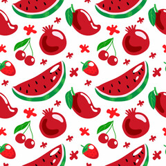 Seamless pattern of red fruits and berries, summer vector illustration in cartoon style. Watermelon, cherries, strawberries, pomegranate and mango. Bright summer pattern.