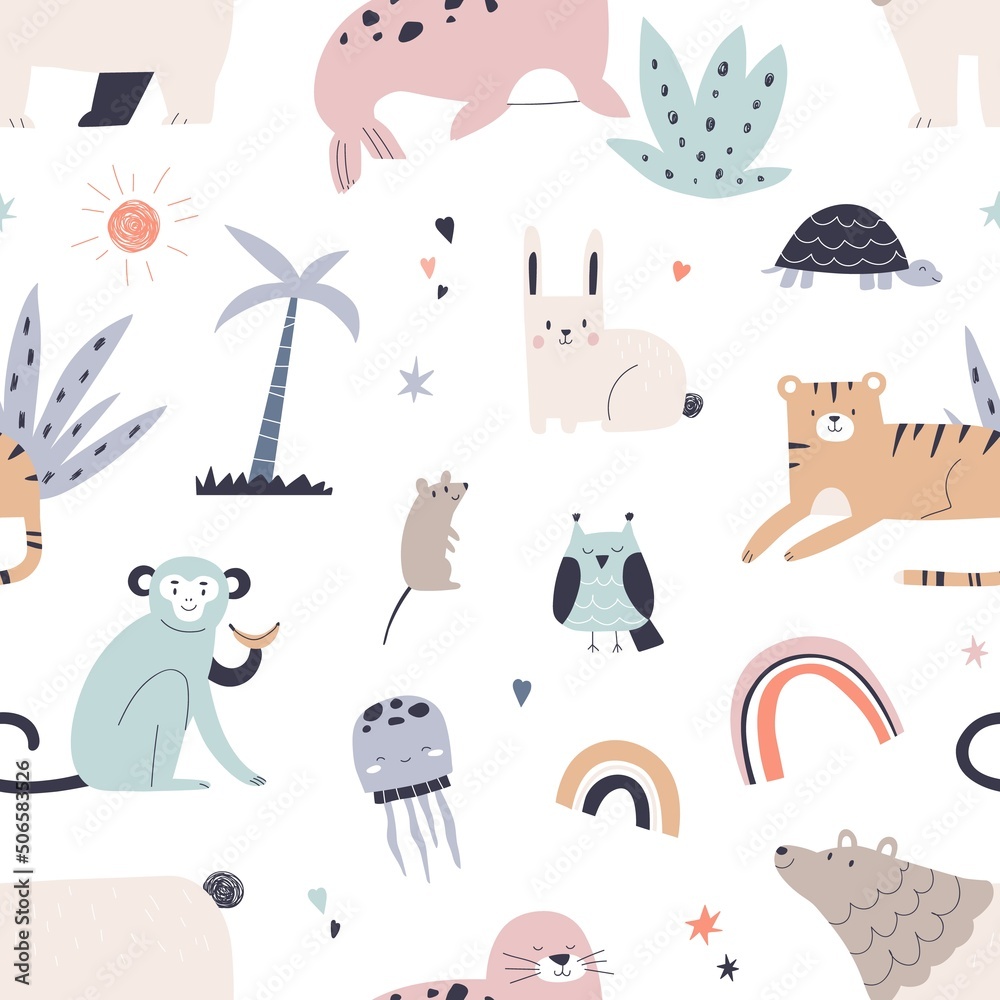 Leinwandbilder cute animals pattern in scandinavian style. seamless background design with childish characters. rep