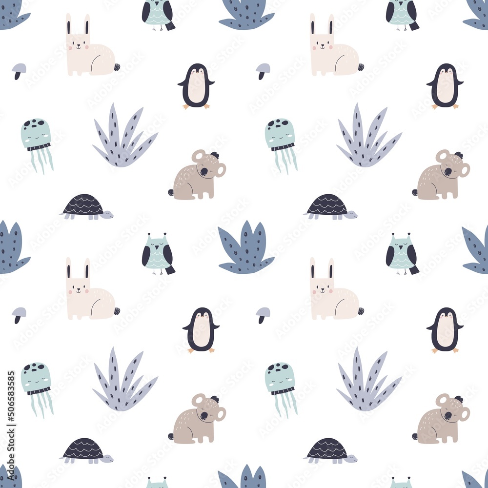 Aufkleber Scandinavian pattern with cute animals. Endless background, texture with repeating nordic print for childish textile, wrapping, wallpaper. Kids colored flat vector illustration with Scandi characters