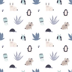 Scandinavian pattern with cute animals. Endless background, texture with repeating nordic print for childish textile, wrapping, wallpaper. Kids colored flat vector illustration with Scandi characters