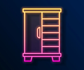 Glowing neon line Wardrobe icon isolated on black background. Cupboard sign. Vector