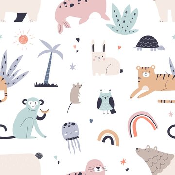 Cute animals pattern in Scandinavian style. Seamless background design with childish characters. Repeating Scandi print, nursery texture for fabric, wrapping, decoration. Flat vector illustration