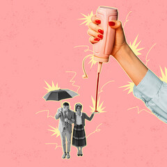 Contemporary art collage. Stylish couple walking under umbrella isolated over pink background. Female hand squishing ketchup