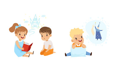 Cute Little Boy and Girl Reading Fairy Tale or Fantasy Book Imagining Castle and Magician Vector Set