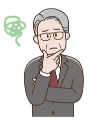腕組みして悩むシニアビジネスマンのイラスト