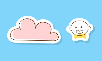 Cloud and Baby Boy Head as Infant Sticker on Blue Background Vector Set