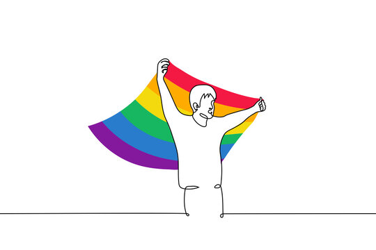 recommend clip art: man raised a lgbt flag above him that flutters in the wind - one line drawing vector. the concept of gay pride parade, protecting and defending the rights of the lgbtq+ community