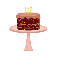 Delicious sweet chocolate cake with chocolate layers and icing. Delicious confection isolated cartoon vector illustration.