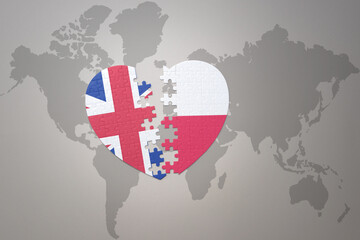 puzzle heart with the national flag of poland and great britain on a world map background. Concept.