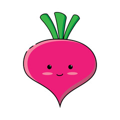 Vector image of radishes. Cute radish in a childish style. Color vector illustration, badge, for product design, textile printing, business cards, logo, tattoos