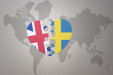 puzzle heart with the national flag of sweden and great britain on a world map background. Concept.