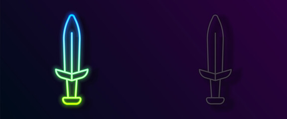 Glowing neon line Medieval sword icon isolated on black background. Medieval weapon. Vector